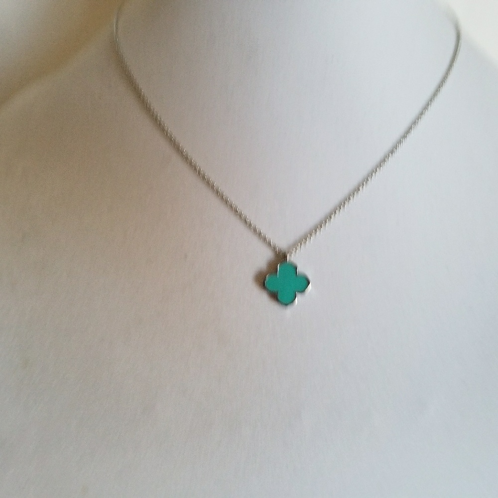 Silver necklace, turquoise enamel clover.